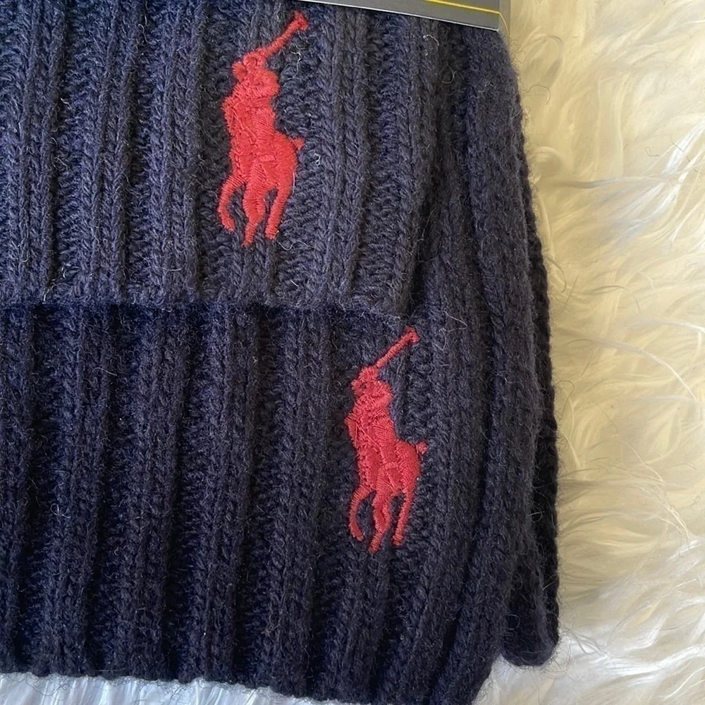 Brand New Polo Ralph Lauren 2-Piece Wool Hat & Scarf Set Navy Blue Deep Red Pony